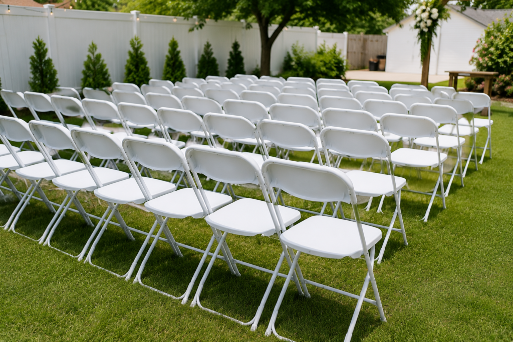 Rows of white folding chairs available for event rental in Asheboro NC