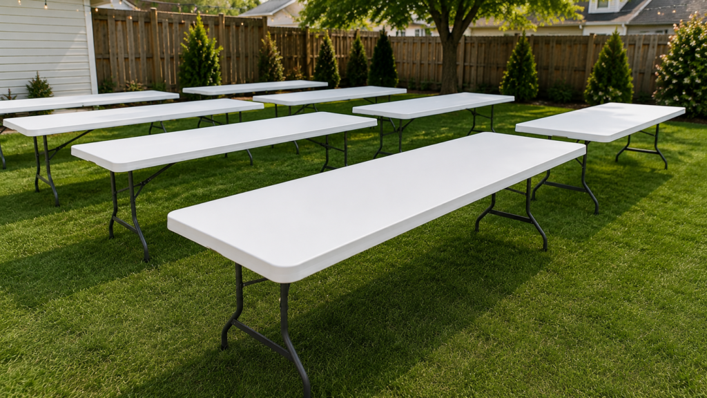 White 6-foot rectangle tables setup for outdoor event rental in Asheboro NC