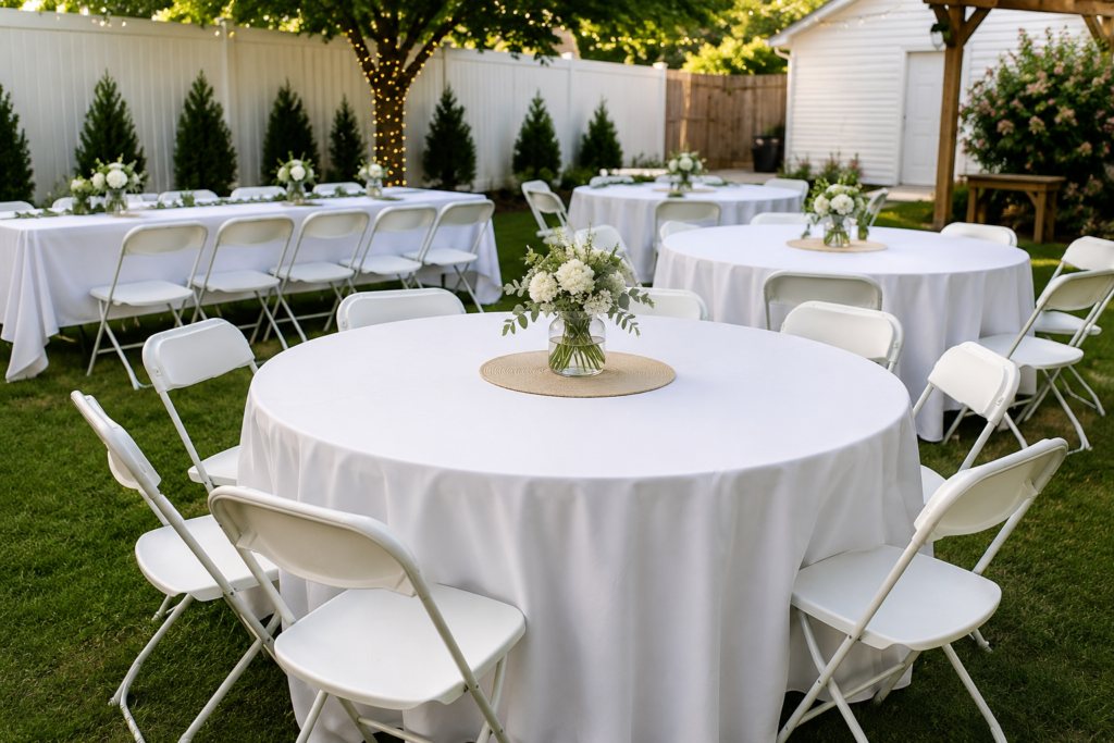 White linen table setup for outdoor wedding and party rental in Asheboro NC